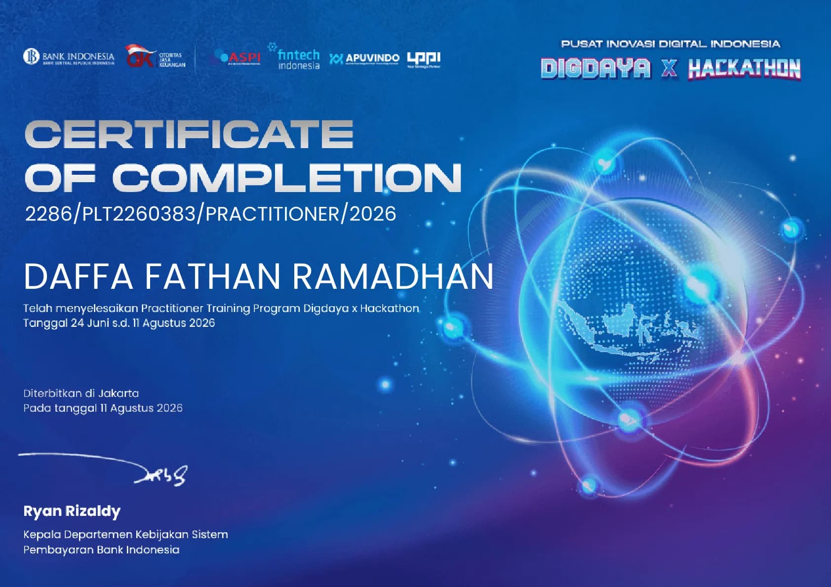 Certificate for Digdaya x Hackathon Practitioner Training Program