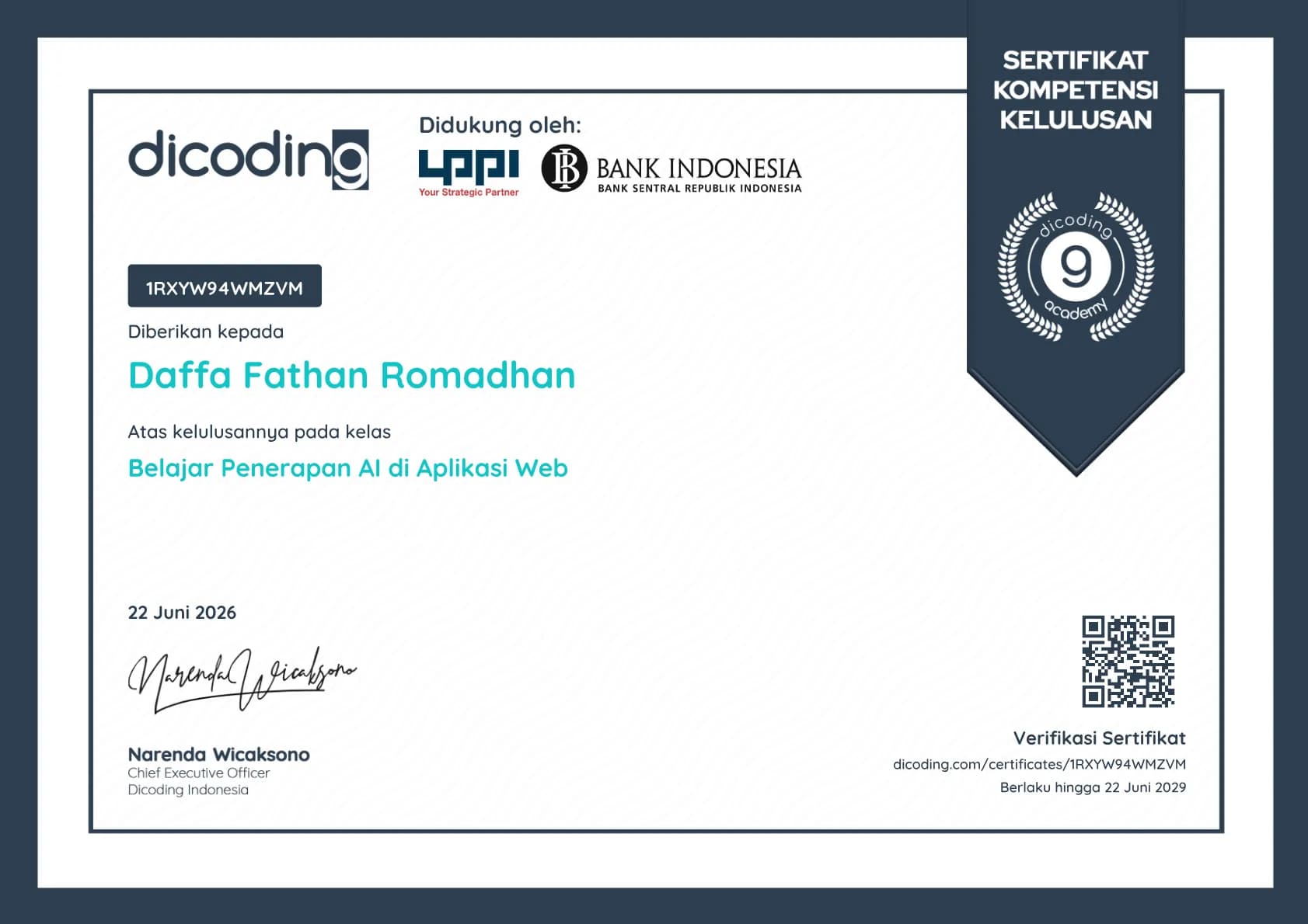 Certificate for Learning AI Implementation in Web Applications